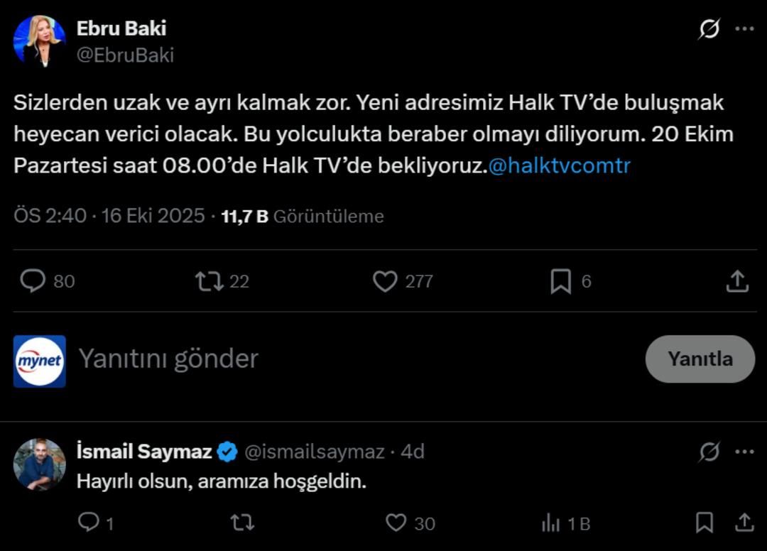 İlk yanıt İsmail Saymaz'dan! TV100 ile yollarını ayıran Ebru Baki'nin yeni adresi belli oldu.